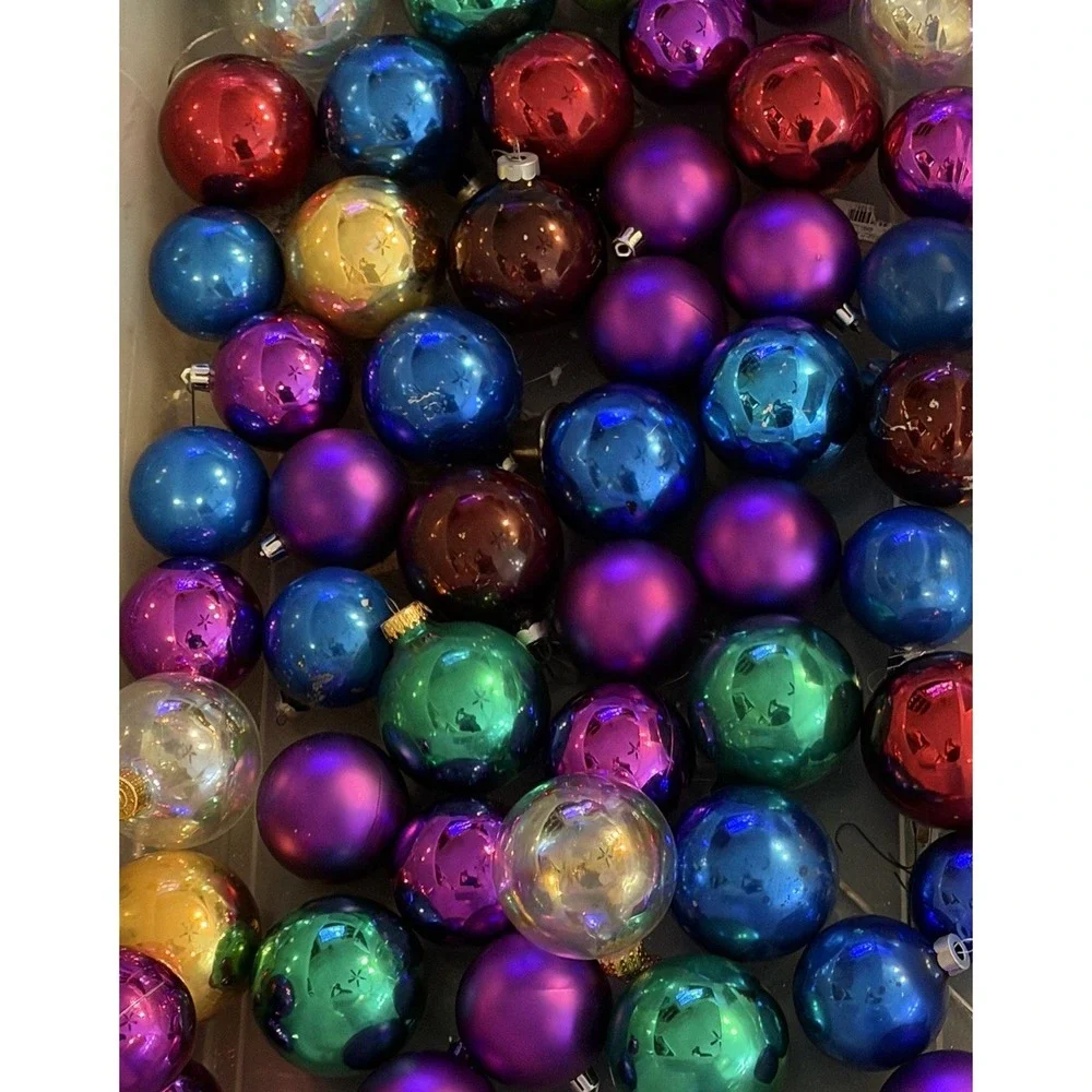 50+ Vintage Plastic Christmas Ball Ornaments Lot Glass Look Rauch Colorful Retro